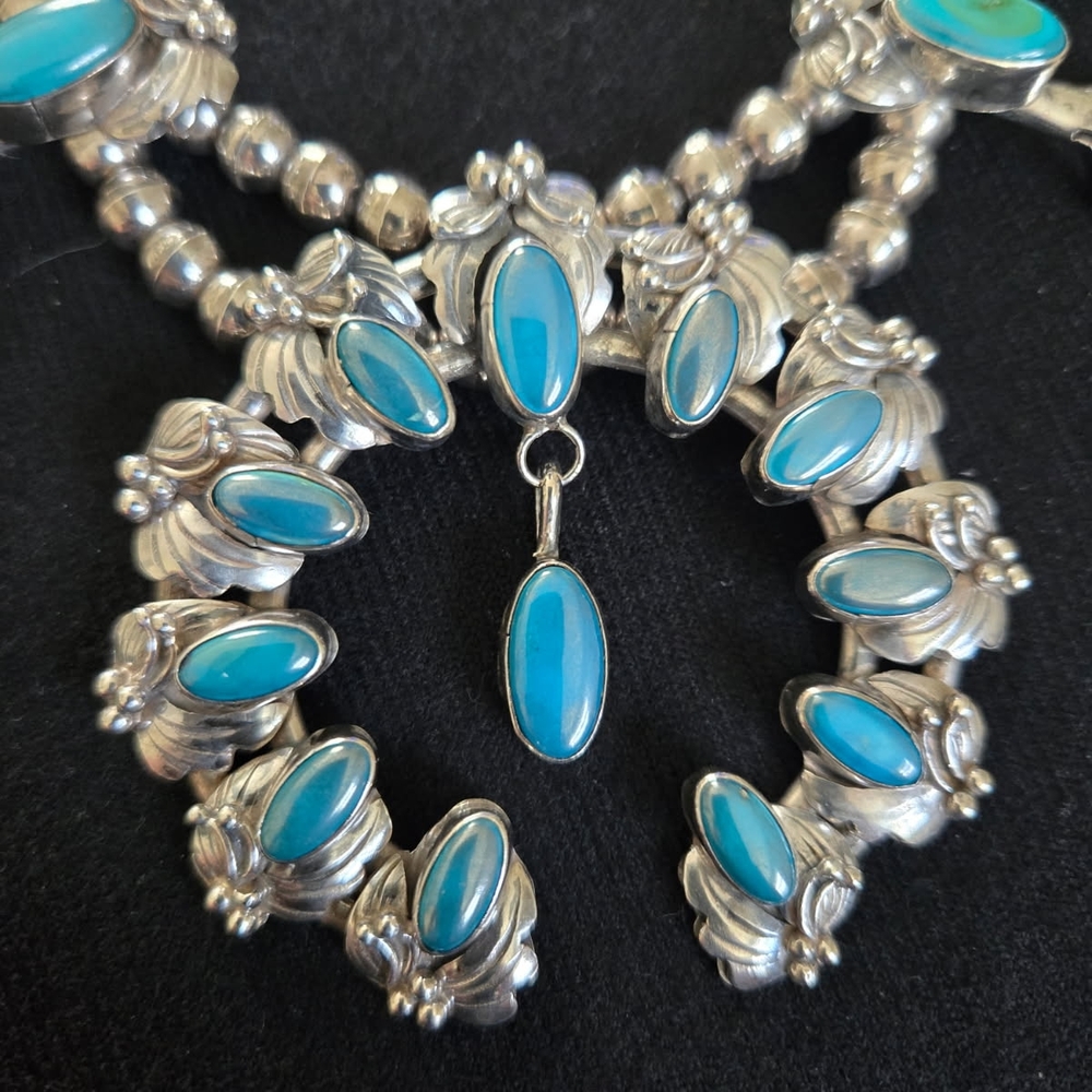 NAVAJO Turquoise and Sterling Silver Women's Squash Blossom Necklace & Earrings